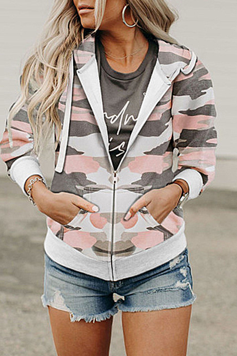 Casual Camouflage Print Split Joint Hooded Collar Outerwear