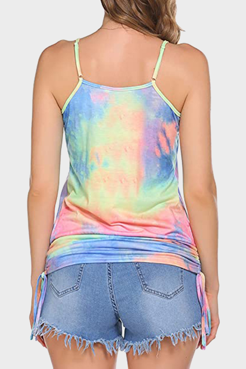Casual Solid Tie Dye Draw String O Neck Tops