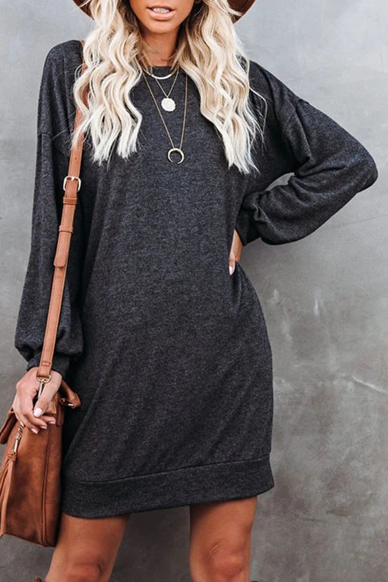 Casual Solid Patchwork Pocket O Neck Long Sleeve Dresses(4 Colors)