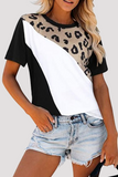 Casual Patchwork Leopard Contrast O Neck T-Shirts(4 Colors)