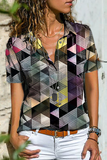 Casual Street Print Patchwork Fivela Camisa Tops com Gola