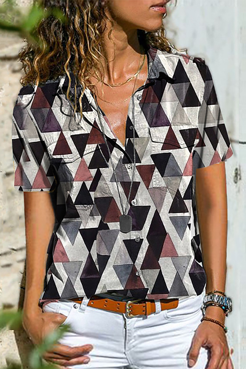 Casual Street Print Buckle Shirt Collar Tops