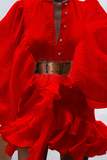 Fashion Elegant Solid Buckle Flounce With Belt O Neck A Line Dresses(3 Colors)