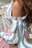 Elegante listrado patchwork cinta design tops de gola oblíqua