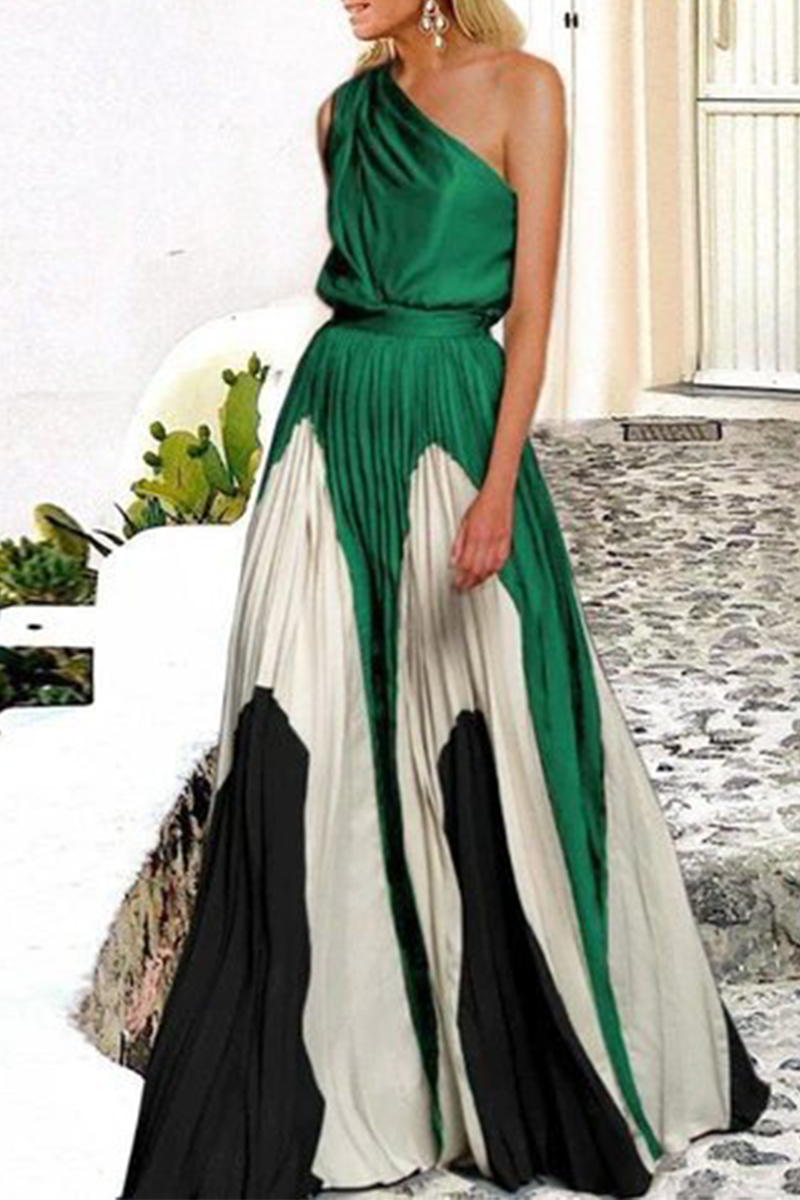 Fashion Elegant Patchwork Contrast Oblique Collar Waist Skirt Dresses(7 Colors)