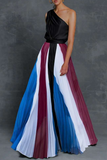 Vestidos de saia de cintura com gola oblíqua e contraste elegante da moda (7 cores)