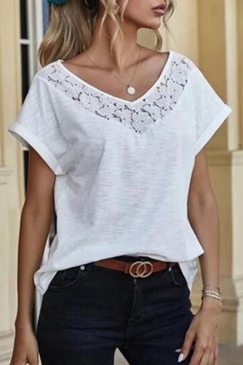 Casual Solid Lace Split Joint V Neck T-Shirts