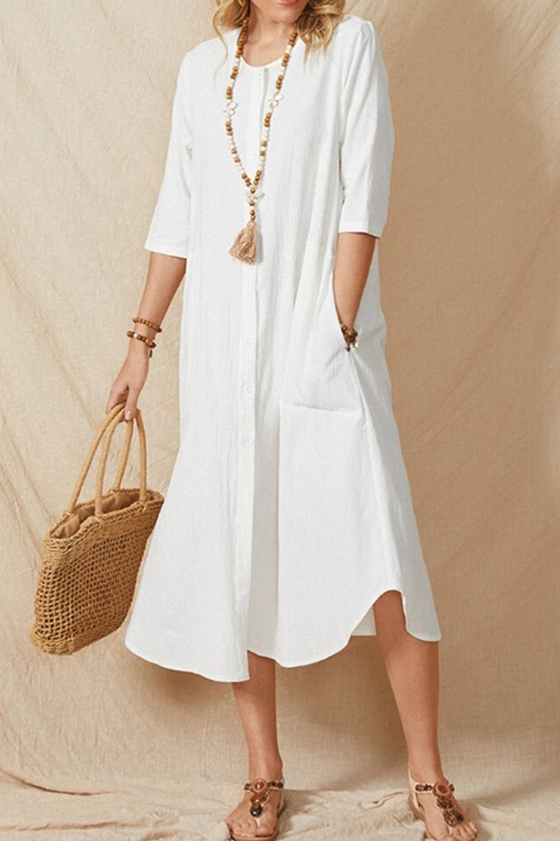 Casual Solid Pocket Buckle O Neck A Line Dresses