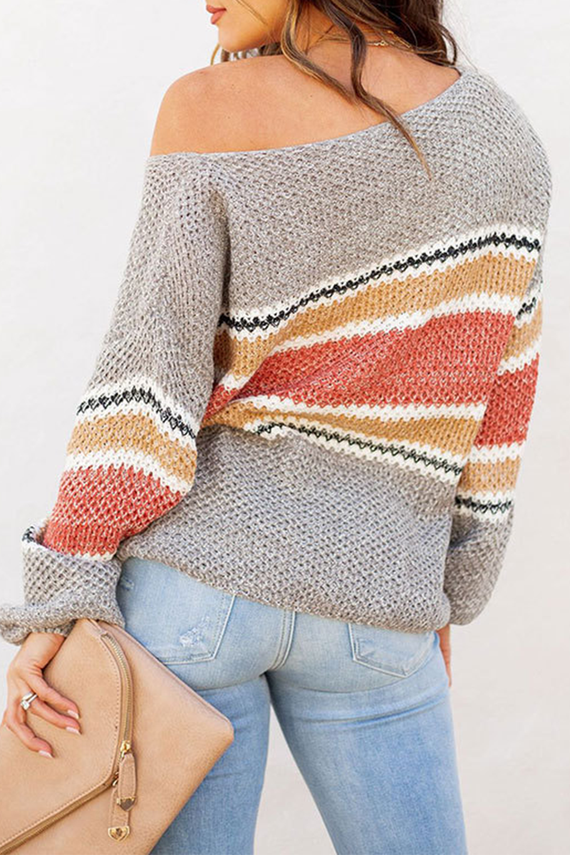 Casual Patchwork Hollowed Out  Contrast O Neck Tops Sweater