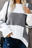 Casual Patchwork  Contrast O Neck Tops Sweater