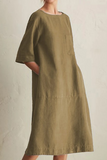 Vestidos casuais sólidos patchwork com bolso e decote em linha (6 cores)
