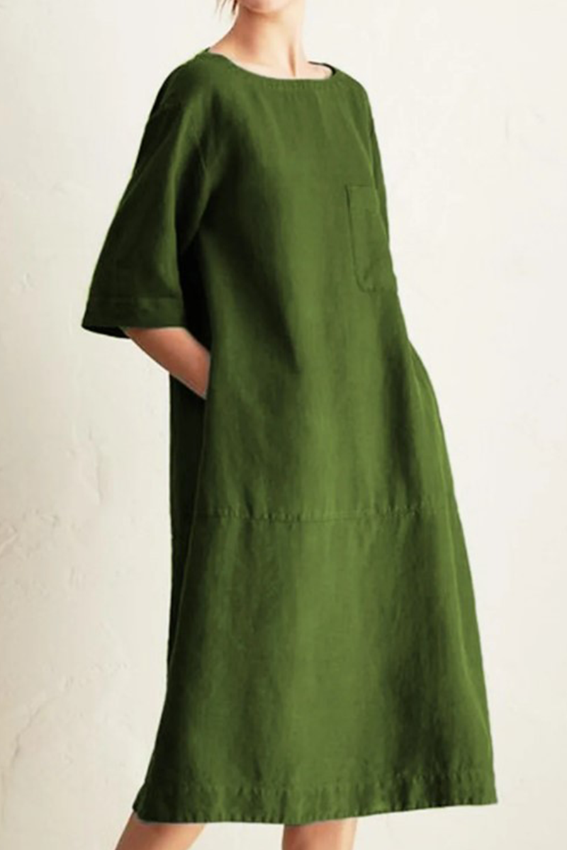Casual Solid Patchwork Pocket O Neck A Line Dresses(6 Colors)