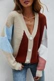 Moda Street Color Lump Split Joint Buckle V Neck Tops Sweater