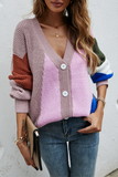 Moda Street Color Lump Split Joint Buckle V Neck Tops Sweater