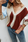 Fashion Street Color Lump Split Joint Buckle V Neck Tops Sweater