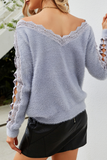 Casual Elegant Solid Lace Hollowed Out V Neck Tops Sweater
