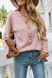 Casual Solid Patchwork Buckle V Neck Tops Sweater(8 Colors)