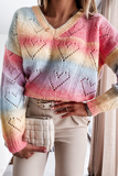 Casual Tie Dye Hollowed Out V Neck Tops Sweater