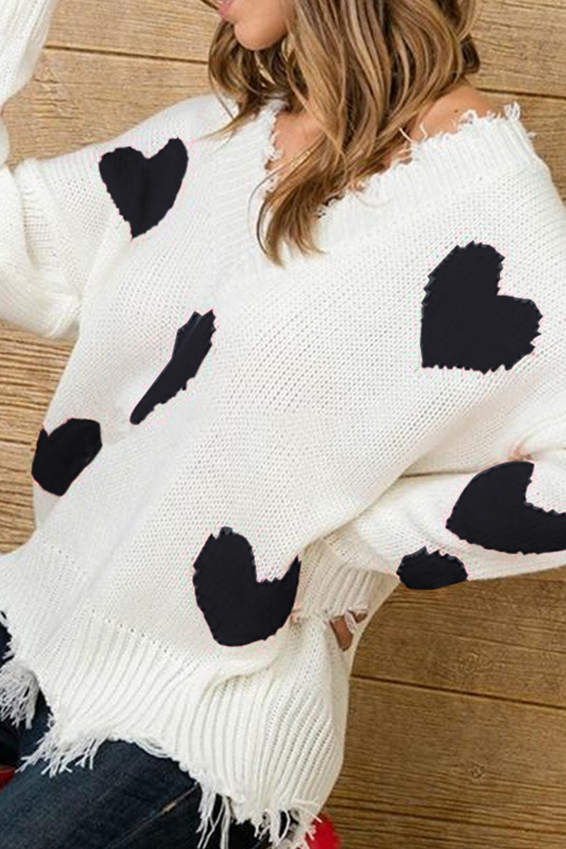 Casual Print Tassel  Contrast V Neck Tops Sweater