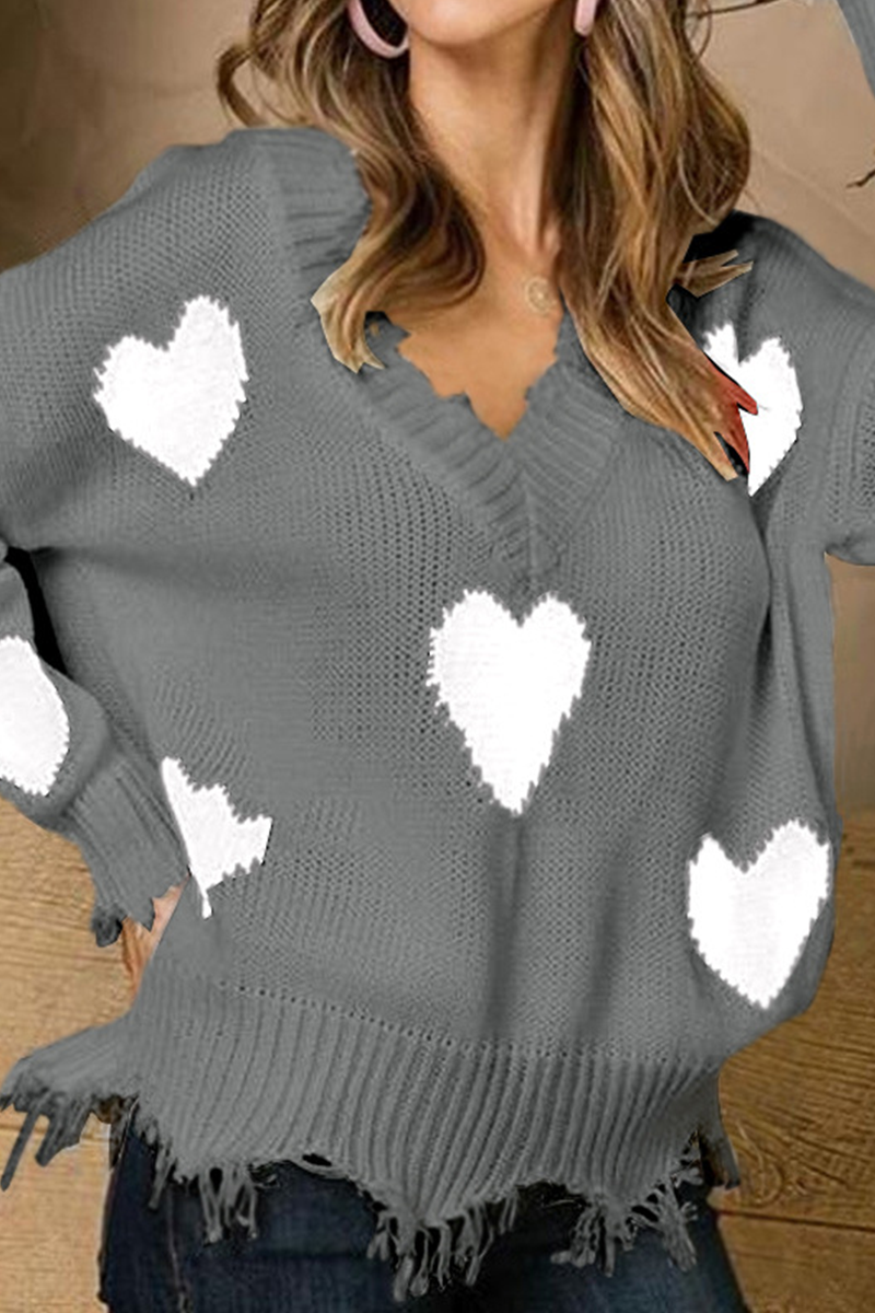 Casual Print Tassel  Contrast V Neck Tops Sweater