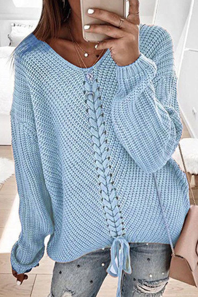 Casual Solid Cross Straps V Neck Tops Sweater(7 Colors)