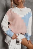Suéter casual colorido com contraste e gola O