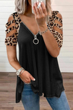 Camisetas casuais leopardo vazadas com zíper e gola V (7 cores)