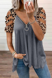 Casual Leopard Hollowed Out Zipper V Neck T-Shirts(7 Colors)
