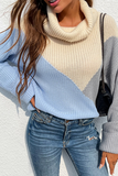 Casual Color Lump Contrast Turndown Collar Tops Sweater