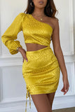 Fashion Print Hollowed Out One Shoulder A Line Dresses(4 Colors)