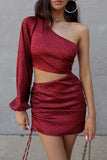 Fashion Print Hollowed Out One Shoulder A Line Dresses(4 Colors)