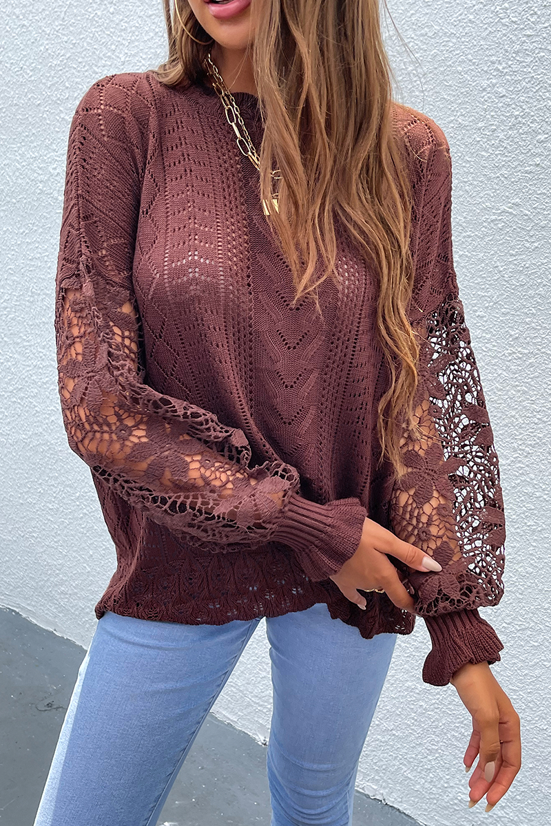 Casual Solid Lace Hollowed Out O Neck Tops Sweater(4 Colors)