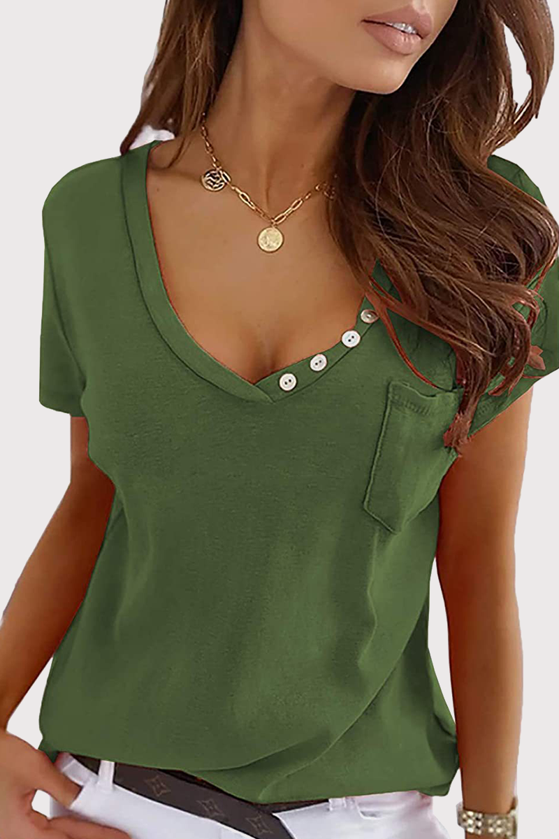 Casual Solid Pocket Buckle V Neck T-Shirts