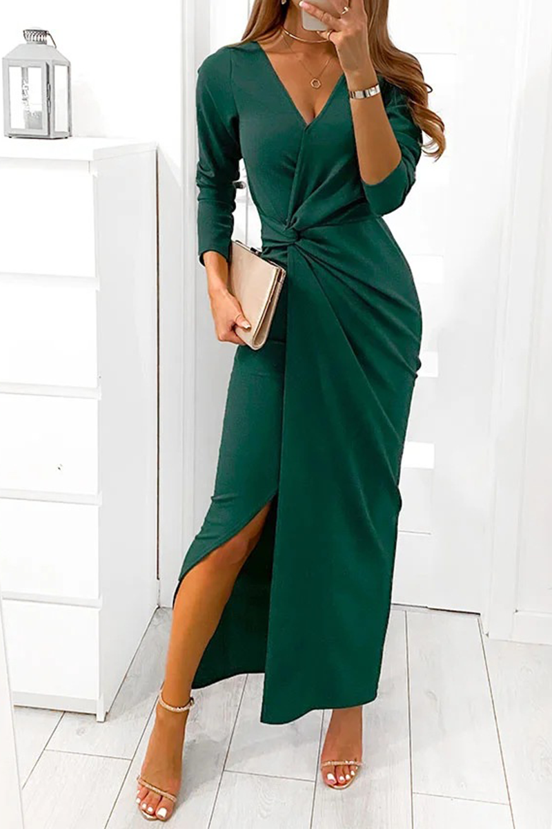 Elegant Solid Slit Fold V Neck Evening Dress Dresses(4 Colors) – Bohonini