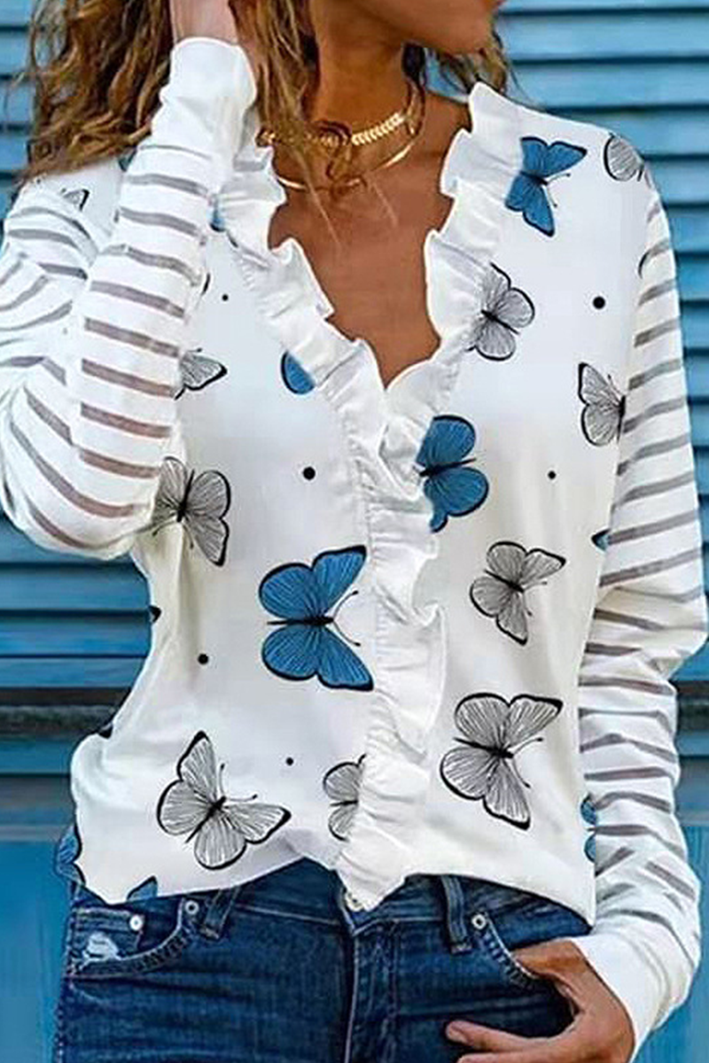 Casual Striped Butterfly Print Flounce V Neck Tops