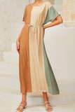 Casual Color Lump With Belt  Contrast O Neck Dresses