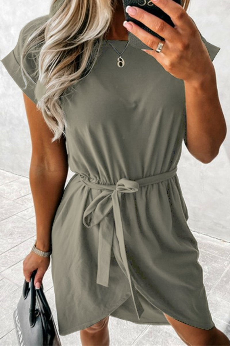 Casual Solid Split Joint With Belt O Neck A Line Dresses