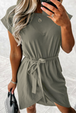 Casual Solid Split Joint With Belt O Neck A Line Dresses