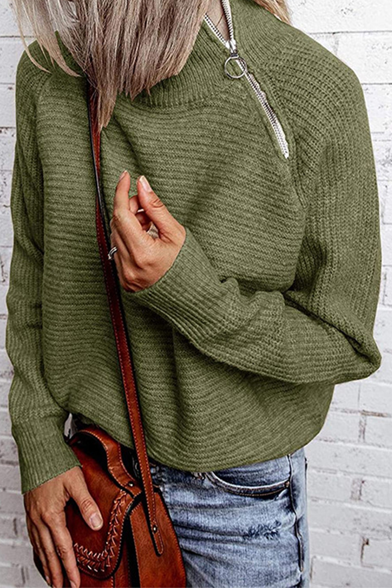 Casual Solid Patchwork Zipper O Neck Tops Sweater