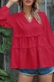 Casual Solid Split Joint Flounce V Neck Tops