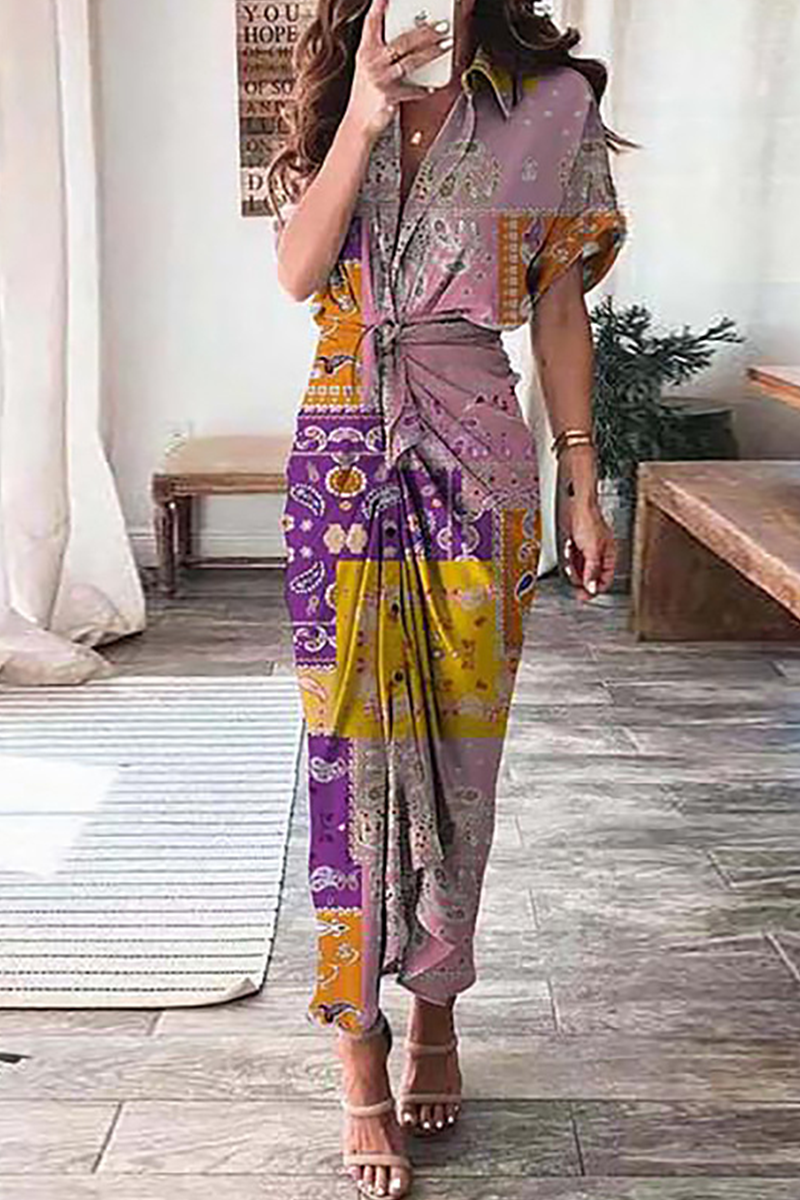 Elegant Print Frenulum Buckle Turndown Collar Pencil Skirt Dresses(7 Colors)