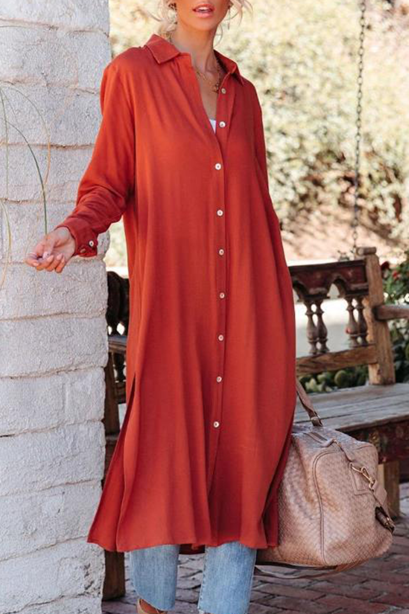 Casual Solid Buckle Turndown Collar Shirt Dress Dresses(3 Colors)