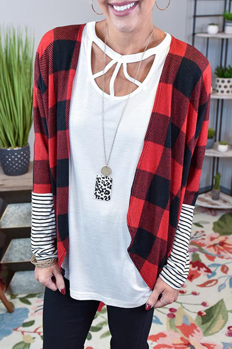 Casual Plaid Striped Split Joint  Contrast Tops