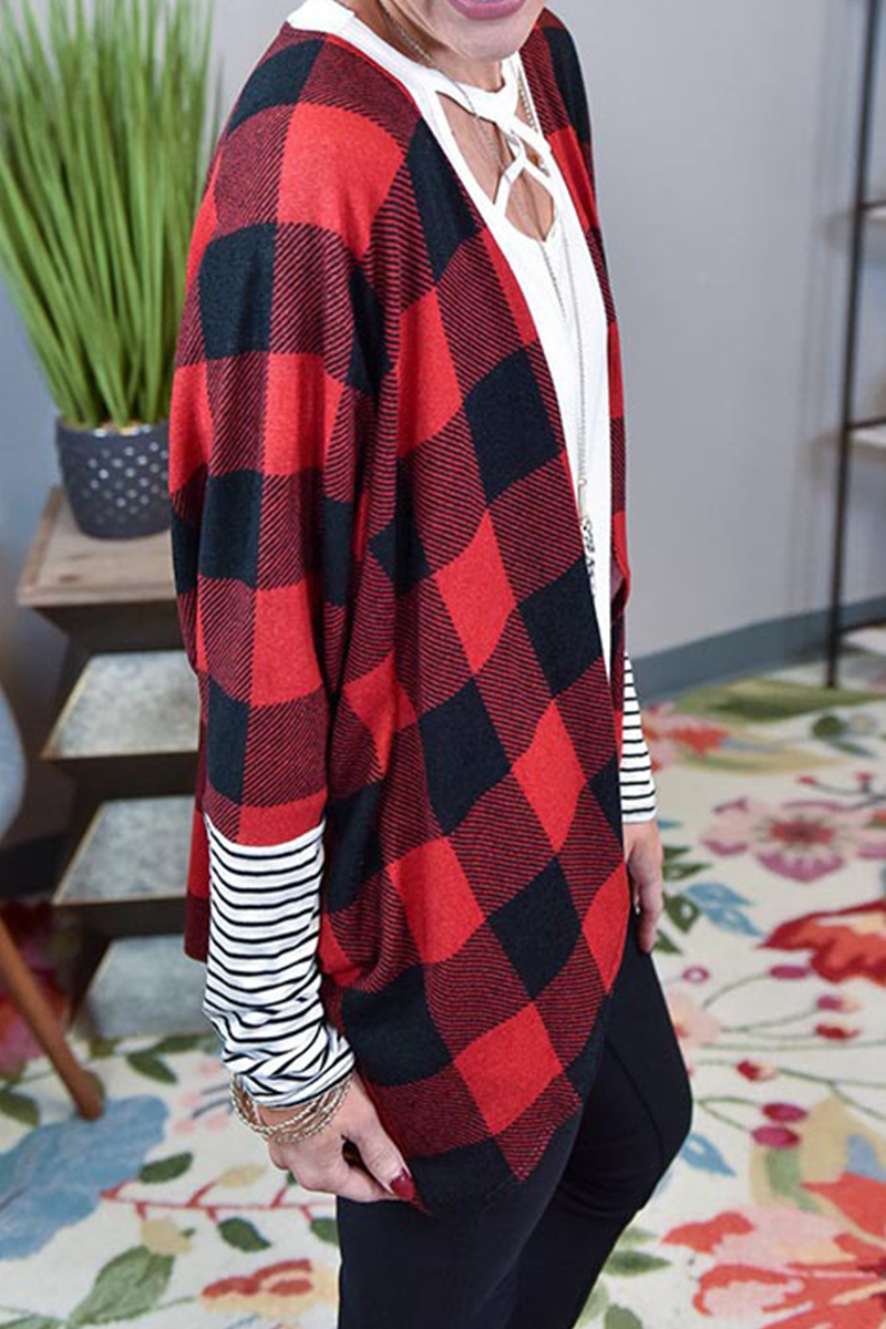Casual Plaid Striped Split Joint  Contrast Tops