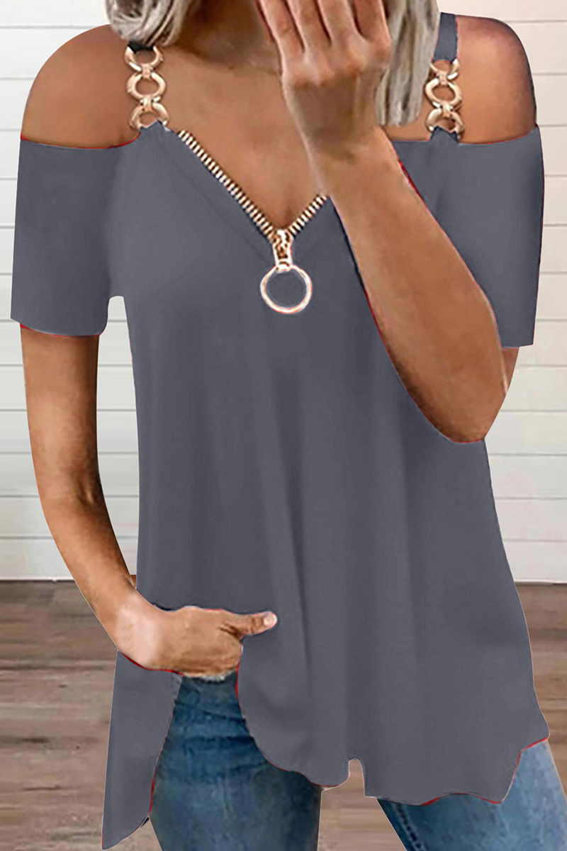 Casual Solid Chains Zipper V Neck T-Shirts(6 Colors)