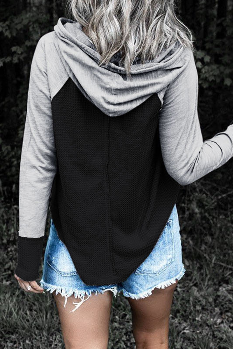 Casual Patchwork Draw String Contrast Hooded Collar Tops(5 Colors)