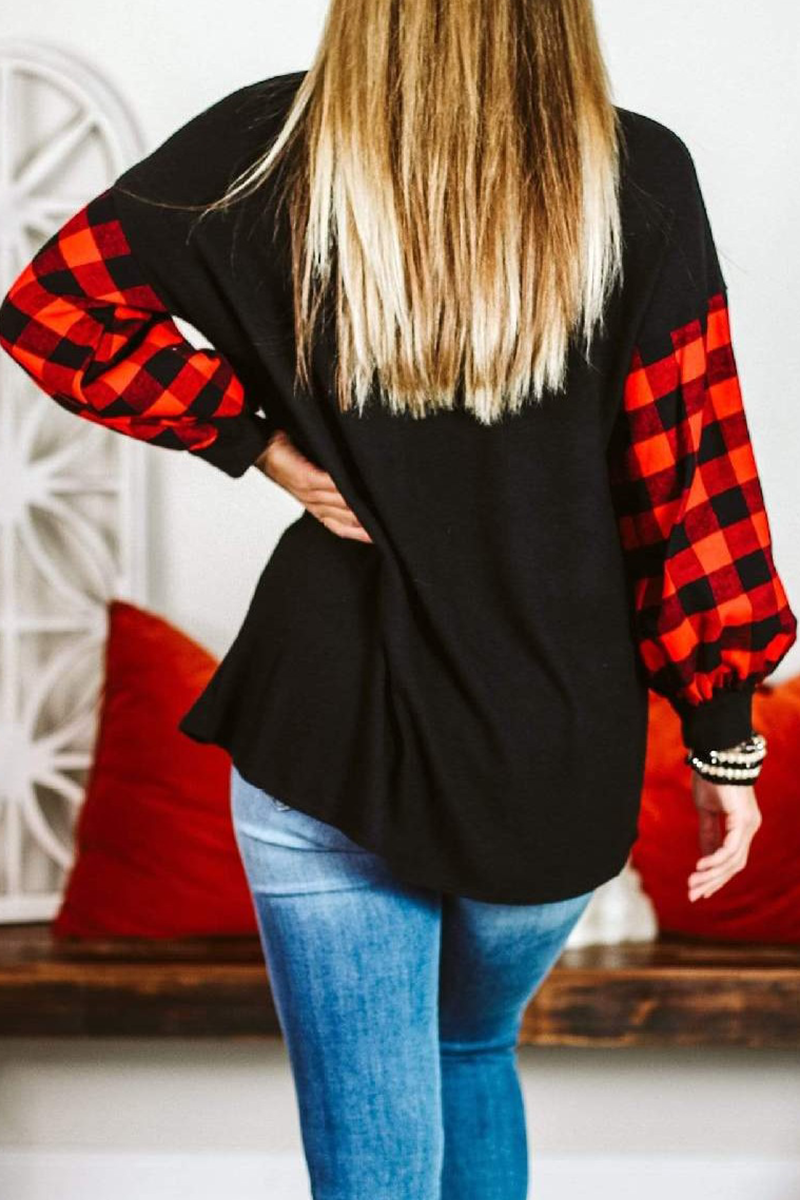 Casual Plaid Split Joint O Neck Tops