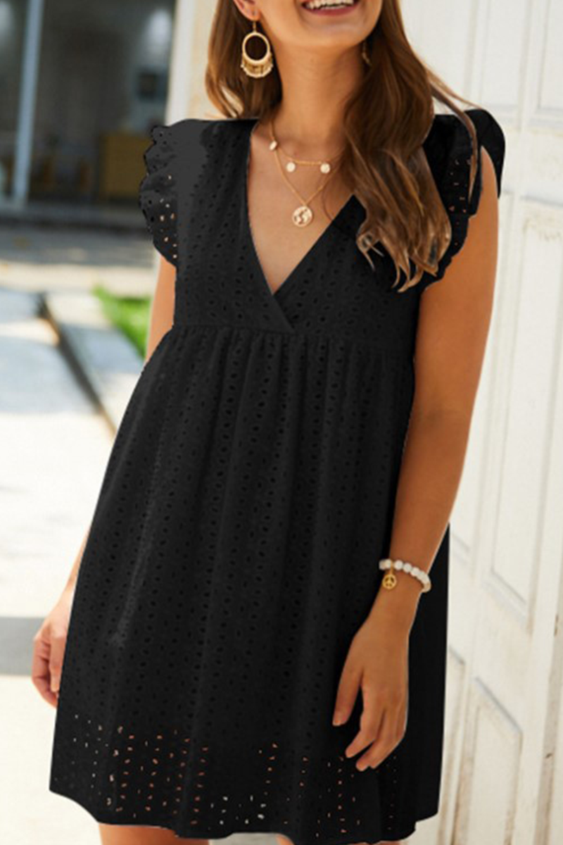 Sweet Solid Hollowed Out Stringy Selvedge V Neck A Line Dresses