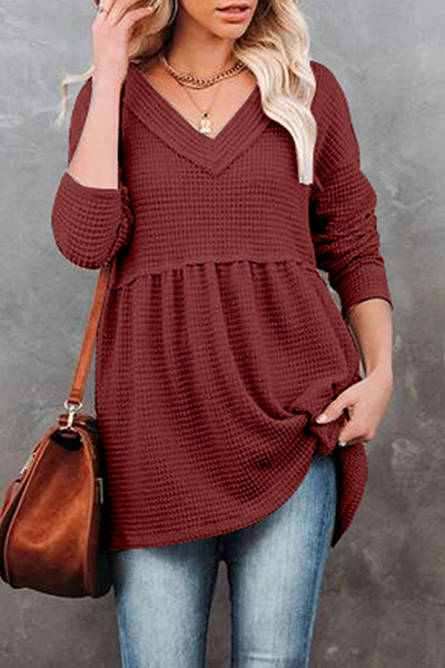Casual Solid Split Joint Fold V Neck Tops(7 Colors)