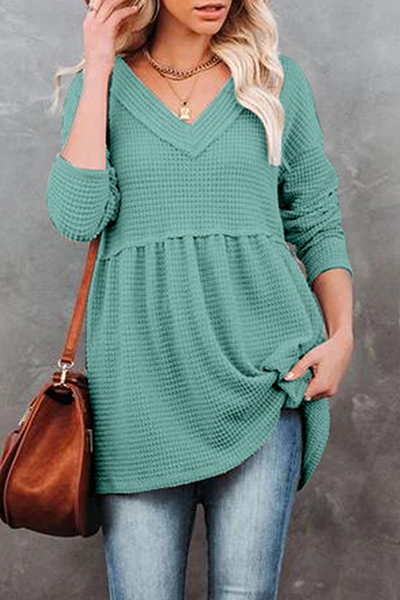Casual Solid Split Joint Fold V Neck Tops(7 Colors)